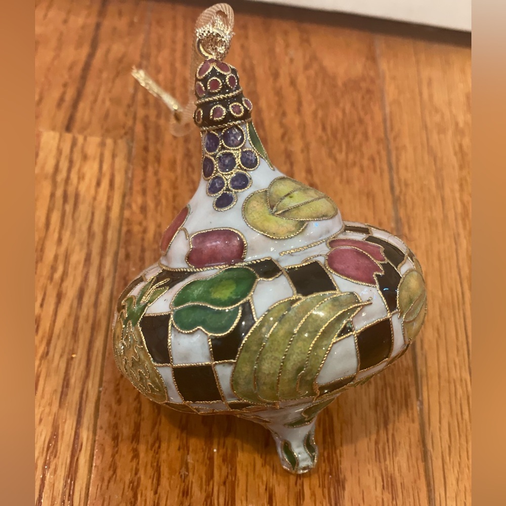 Vintage Mardi Gras cloisonne ornament with fruit on it